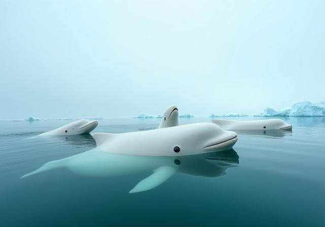 A pod of beluga whales surfaces in the calm arctic water.