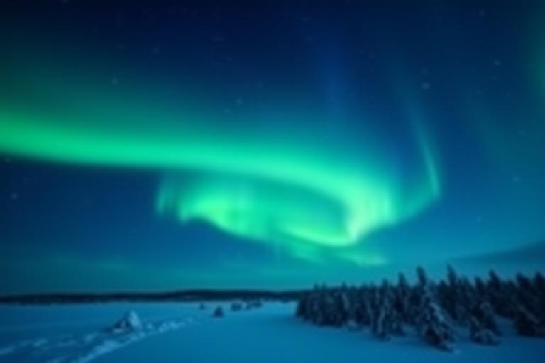 The vibrant green and purple hues of the aurora borealis over a snowy terrain.