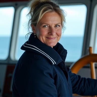 Headshot of Captain Eva Rostova, a confident woman in her 50s at the helm of a ship.